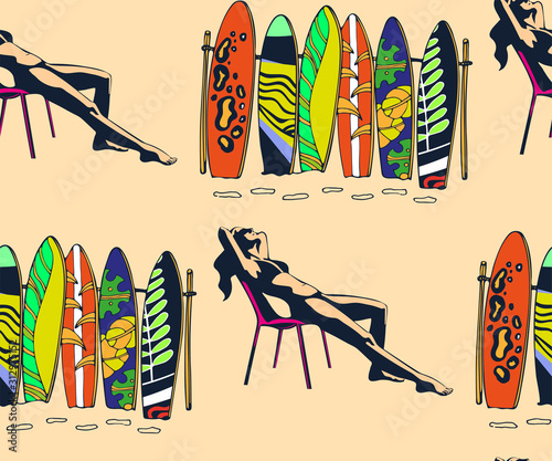 Beautiful woman tanning, with sunglasses, hat, at the beach, retro style. Pop art. Summer holiday. Vector seamless pattern illustration