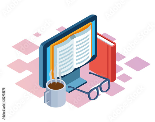 coffee mug, book and computer with book on screen, colorful design