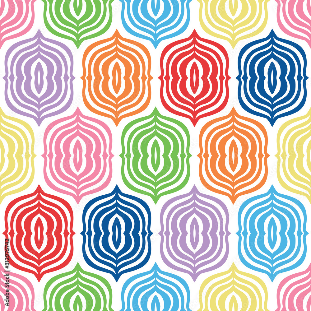 Fototapeta premium Multi color neutral gender ogee brackets vector seamless pattern. I can picture this bright pattern on a playroom wall, in a neutral gender baby nursery, and also as bedding for a teen.