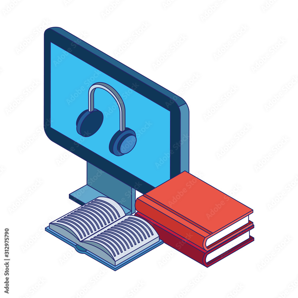 books and computer with headphones on screen