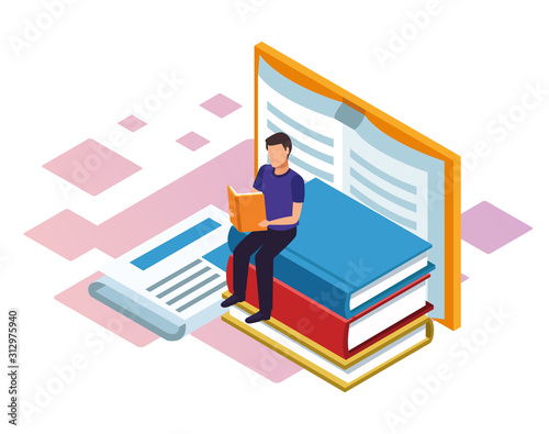 man reading a book with big books around, colorful design