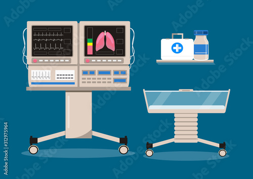 Infant incubator and neonatal intensive care with air temperature humidity oxygen sensor for sick babies. Neurology concept vector. Reanimation equipment for nursing premature