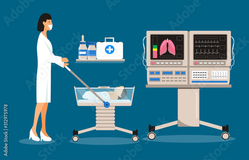 Infant incubator and neonatal intensive care with air temperature humidity oxygen sensor for sick babies. Neurology concept vector. Reanimation equipment for nursing premature