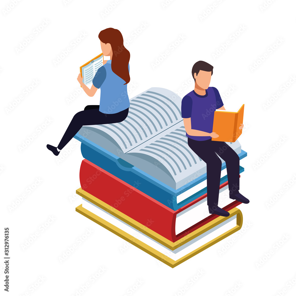 woman and man reading sitting on big books stack