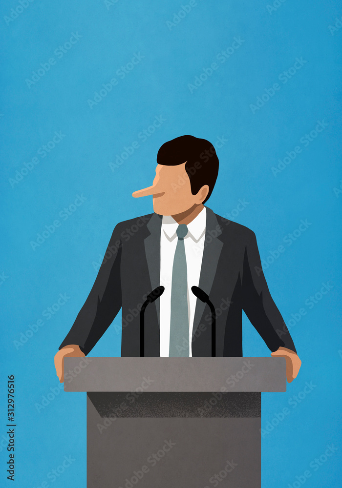 Lying politician with long nose speaking at podium Lying politician with long nose speaking at podium