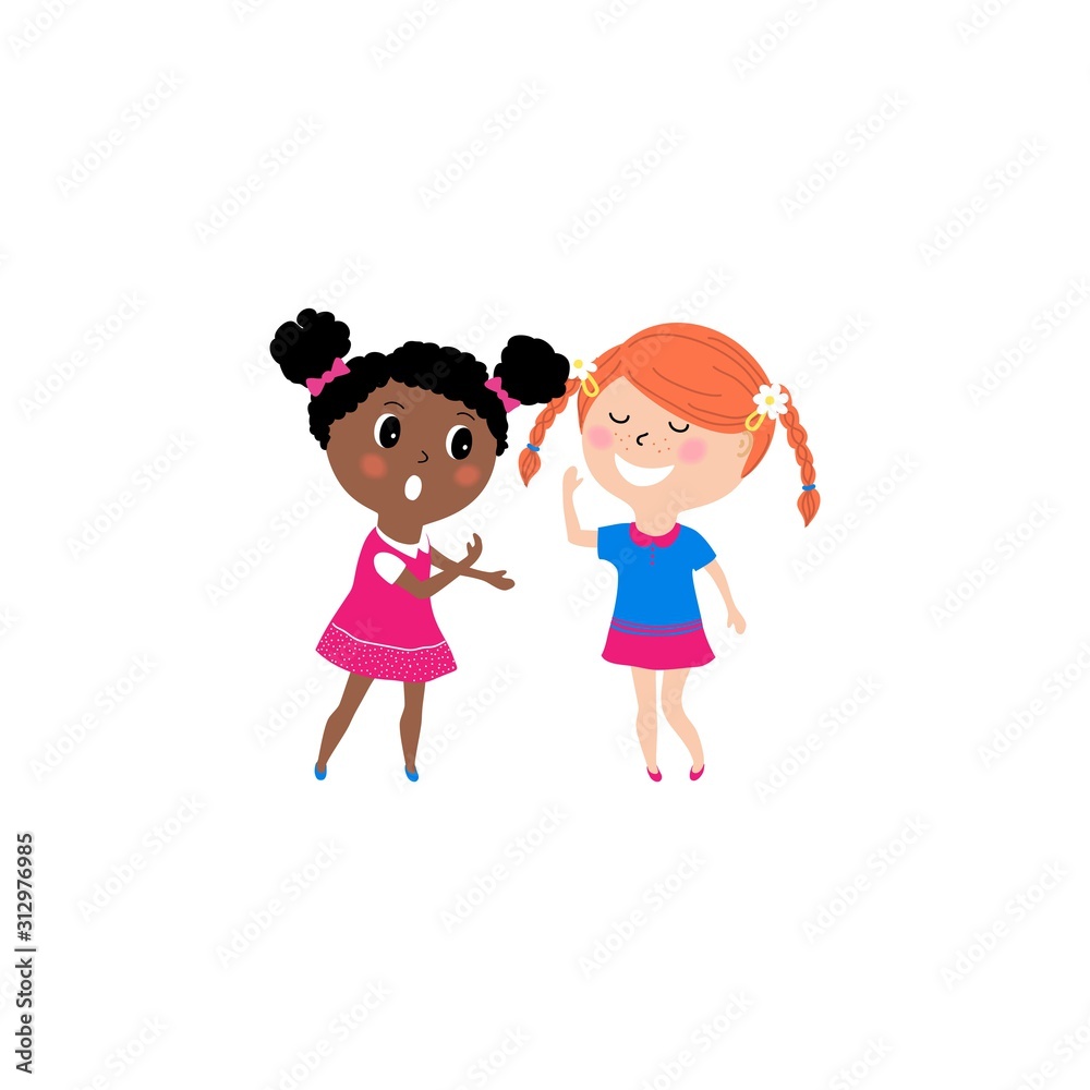 vector illustration of two little girls talking , cartoon design isolated  on white background Stock Vector | Adobe Stock