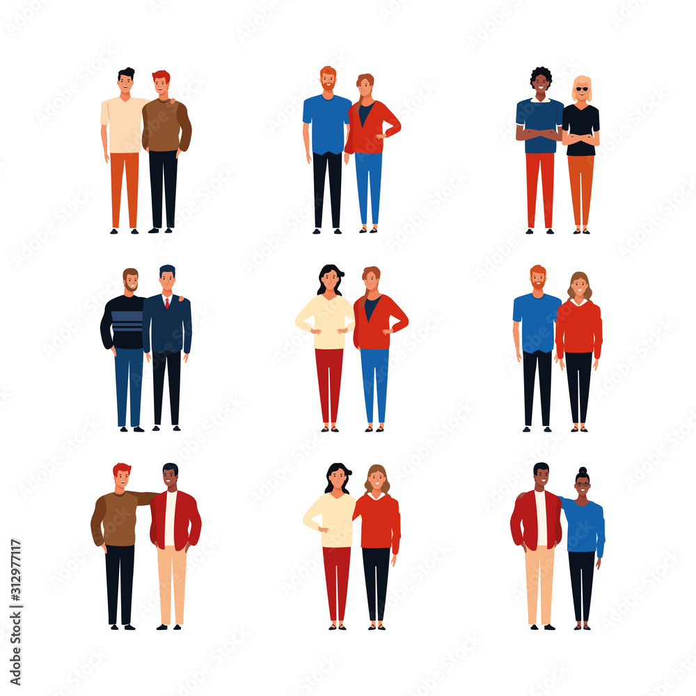 icon set of couple of people standing wearing casual clothes, colorful design