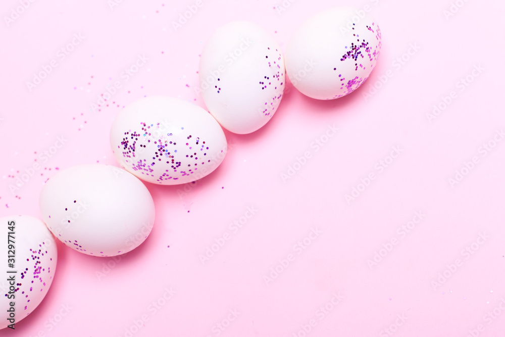 fresh white farm easter egg on pink/blue background. cooking/festive easter concept flat lay with copy space fresh white farm easter egg on pink/blue background. cooking/festive easter concept flat lay with copy space