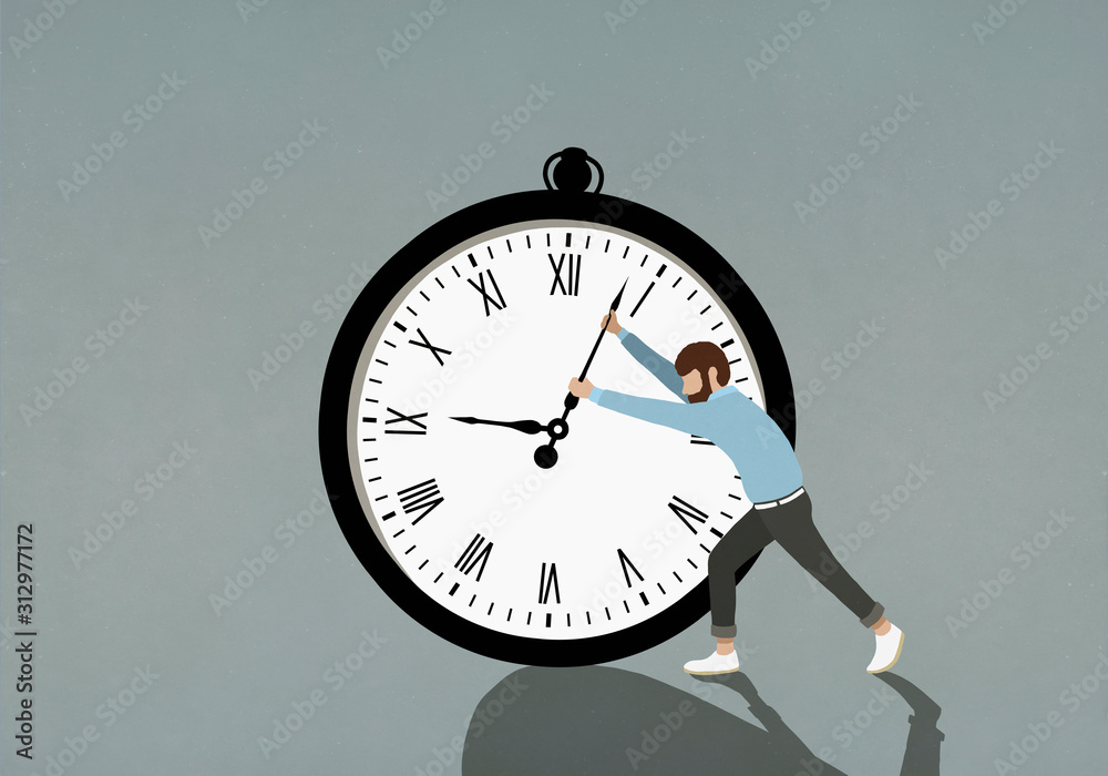 Man pushing hands of large stopwatch Man pushing hands of large stopwatch