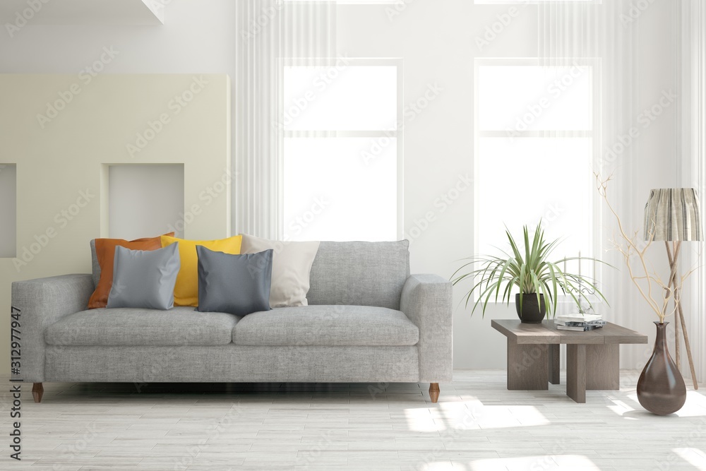 Stylish room in white color with sofa. Scandinavian interior design. 3D illustration