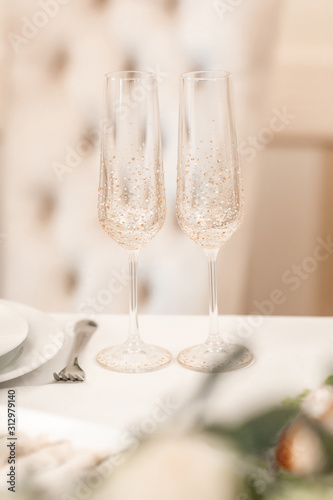 Champagne two empty glasses. Valentine's Day. Birthday. Wedding. Anniversary. Rustic style