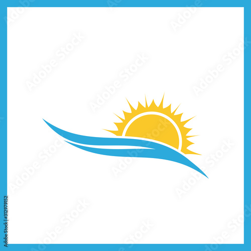 Wave and sun vector logo template. Sunset line icon. Sunrise logo.