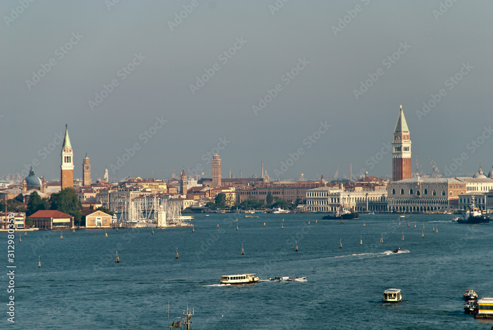 Venice, Italy: Skyline of Campanile, Grand Canal, Guidecca Canal and Doges Palace (view from a cruise liner)