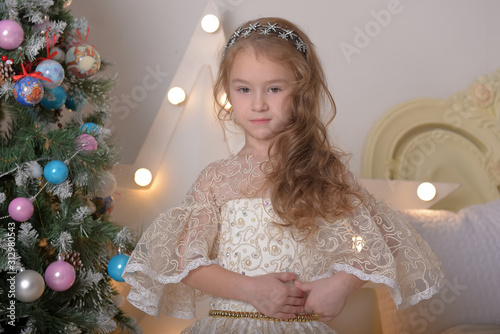 Little Girl Portrait in Alabaster Elegant Victorian Dressdress photo