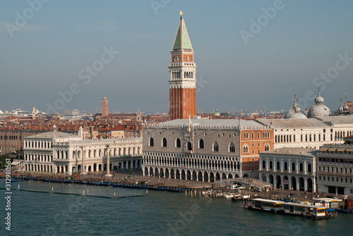 Venice, Italy: aerial view from Giudecca Canal to the Piazza San Marco with Campanile and Doge's Palace