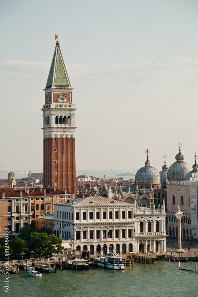 Venice (Italy) in the morning sun: Aerial view of Campanile and Piazzetta at the Piazza San Marco (St Mark's Campanile, Italian: Campanile di San Marco)