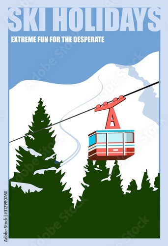 Vintage Winter background, poster. Red ski Lift Gondolas moving in Snow Mountains