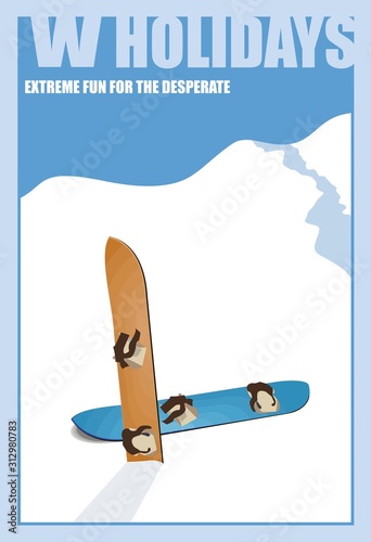 Minimalist winter poster. Landscape with Snowboards, vector illustration.