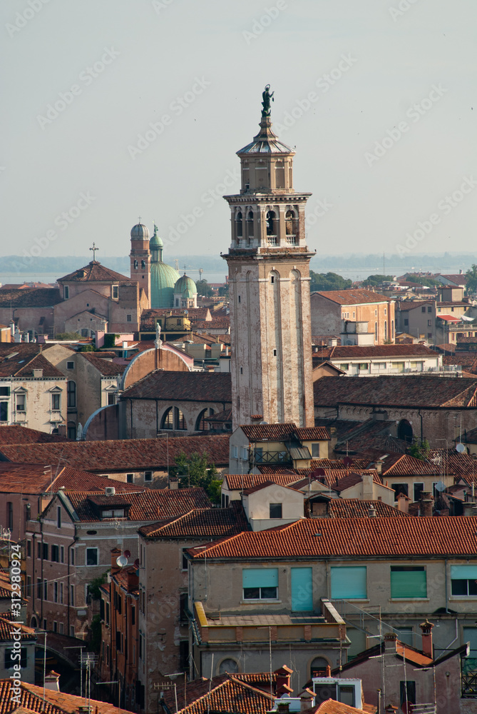 Venice, Italy: aerial view of the district Dorsoduro, bell tower of the church 