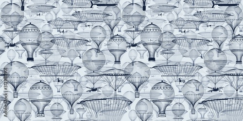 Vintage hot air balloons floating in the sky. Trendy seamless background, wallpaper. Monochrome in shades of blue