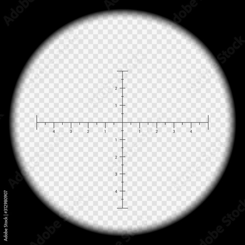 Realistic illustration looking through sniper crosshair with measuring numbers and markers. Optical sight rifle on transparent background, vector