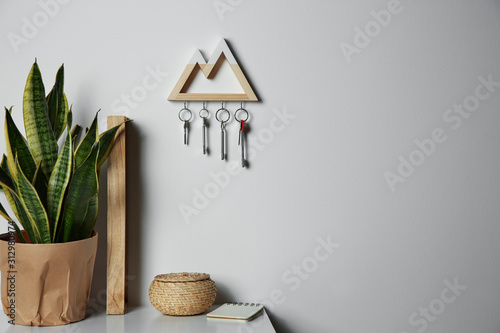 Foto Wooden key holder on light wall indoors. Space for text