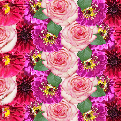 Beautiful floral background of roses  zinnias and dahlias. Isolated