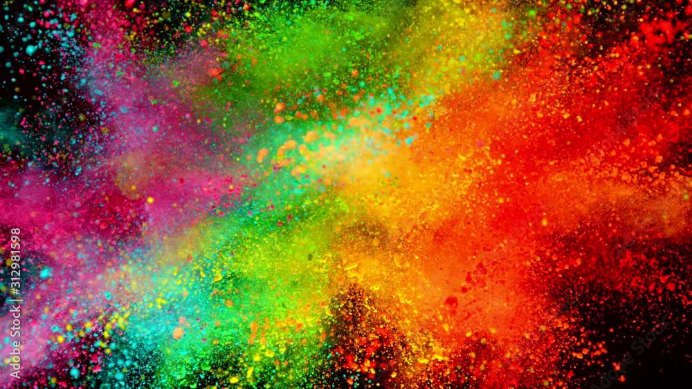 Colorful powder exploding on black background in super slow motion, close-up.