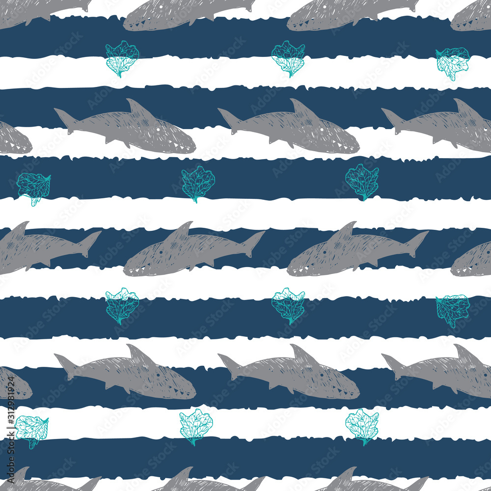 Vector blue stripes shark pen sketch rows 03 with fan coral repeat pattern. Perfect for fabric, scrapbooking and wallpaper projects. Vector blue stripes shark pen sketch rows 03 with fan coral repeat pattern. Perfect for fabric, scrapbooking and wallpaper projects.