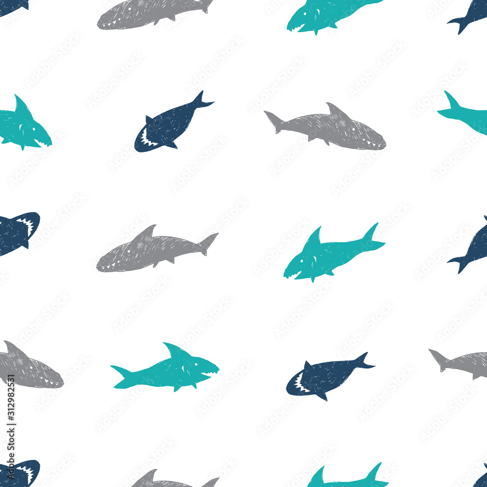 Vector white simple cute shark pen sketch repeat pattern. Great for baby apparel fabric. Vector white simple cute shark pen sketch repeat pattern. Great for baby apparel fabric.