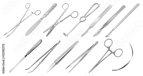 Surgical instruments. Different types of tweezers, scalpels, Liston s amputation knife clip with fastener, straight scissors, Folkmann s jagged hook, Meyer s forceps, surgical needle, Langenbeck saw