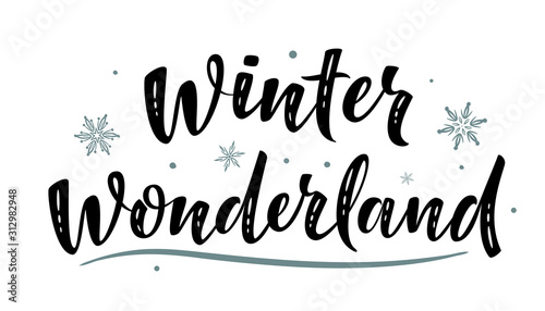 Winter wonderland. Hand drawn simple lettering sign with snowflakes. For card, t-shirt or mug print, poster, banner, sticker. Christmas decorations. Photo overlay Winter Holidays isolated vector