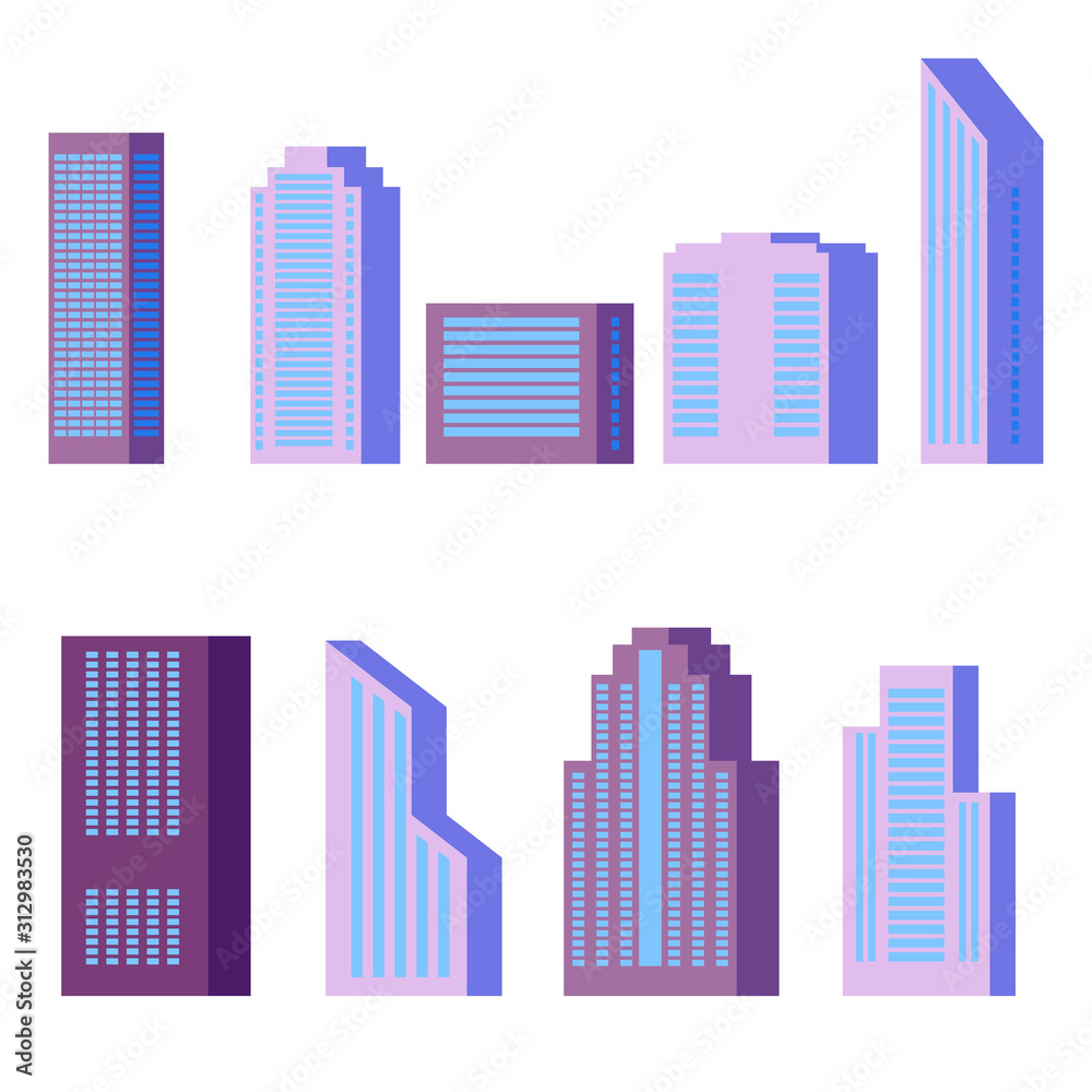 Set of modern city buildings isolated on white background. Vector illustration