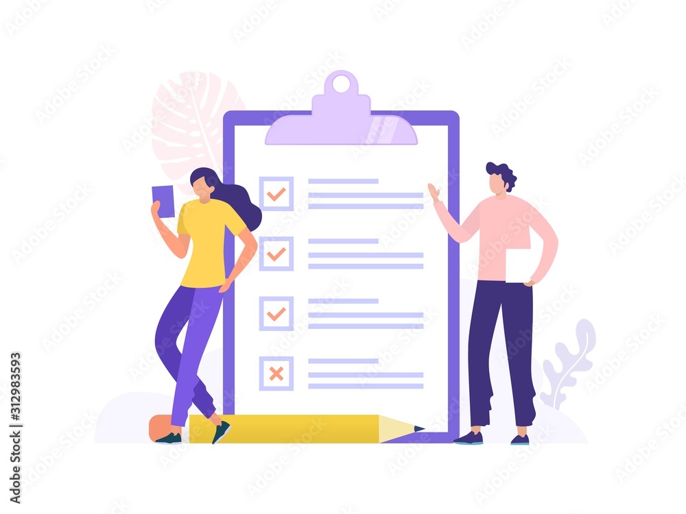 woman and man standing next to big paper clipboard with checklist form, vector illustration concept, can use for, landing page, template, ui, web, homepage, poster, banner, woman and man standing next to big paper clipboard with checklist form, vector illustration concept, can use for, landing page, template, ui, web, homepage, poster, banner,