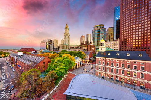 Boston, Massachusetts, USA skyline with Faneuil Hall and Quincy Market