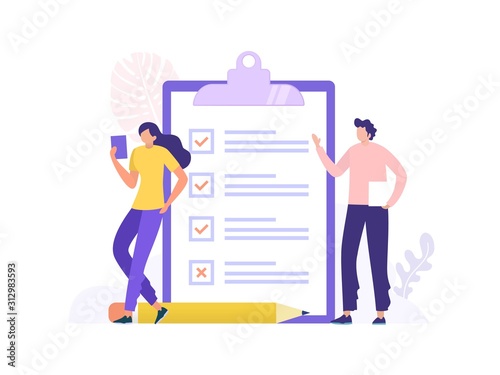woman and man standing next to big paper clipboard with checklist form, vector illustration concept, can use for, landing page, template, ui, web, homepage, poster, banner,