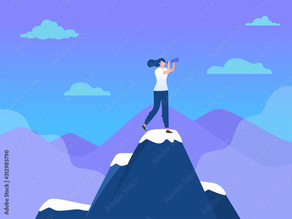 Woman standing on top of mountain with flag,  sucess leadership, vector illustration concept, office girl reach goal,  can be used for landing page, template, ui, web, homepage, poster, banner, flyer