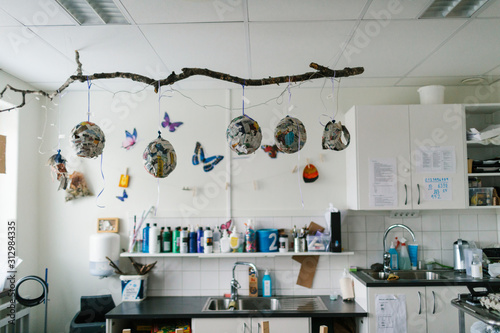 Hanging decorations in playschool kitchen