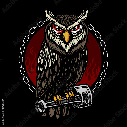 vector of owl and piston for motorcycle club t shirt design