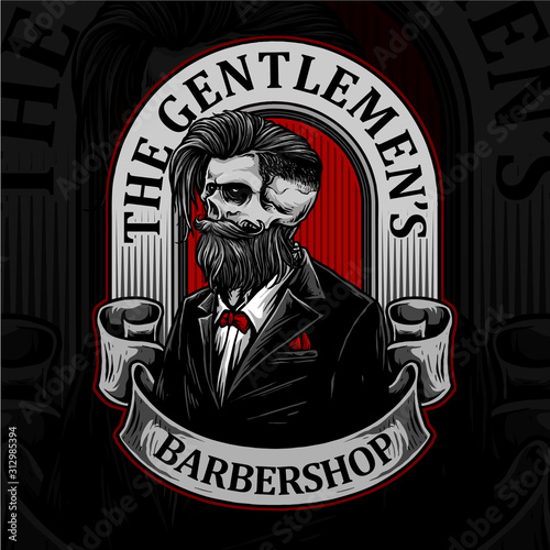 skull with retro barbershop badge and barbershop tools suitable for barber hairstyle logo