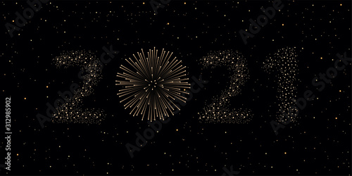 Firework 2021 New year concept on black night sky background. Christmas card. Congratulations or invitation background. Vector illustration