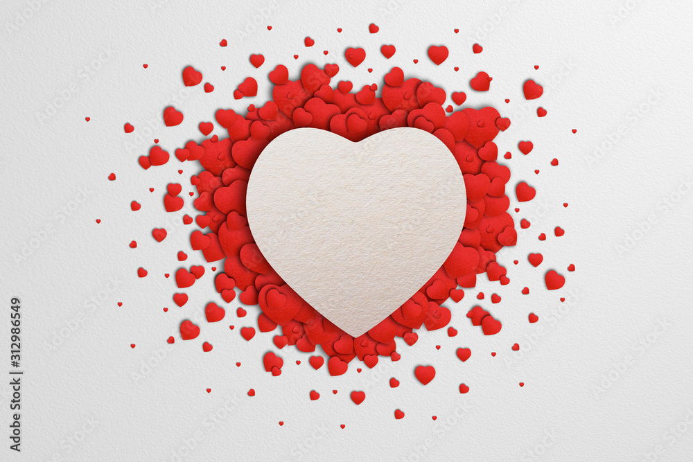A white heart surrounded by many small hearts with a paper texture