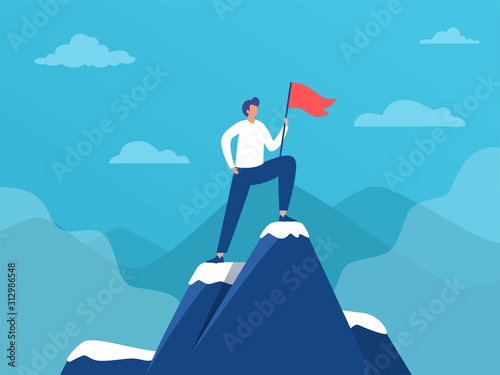 Man standing on top of mountain with flag,  sucess leadership, vector illustration concept, Business man reach goal,  can be used for landing page, template, ui, web, homepage, poster, banner, flyer photo