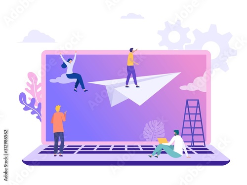 Business vision vector illustration concept, flat character standing on paper plane with binocular, people achieving goal can use for, landing page, template, ui, web, homepage, poster, banner, flyer