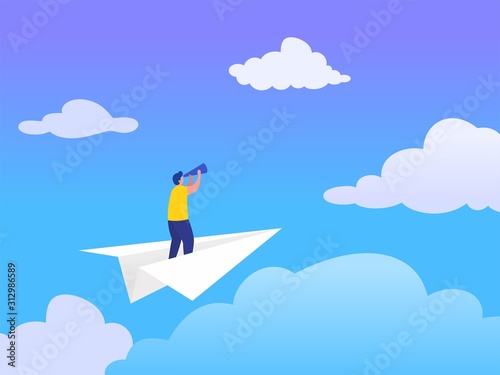 Business vision vector illustration concept, flat character standing on paper plane with binocular, people achieving goal can use for, landing page, template, ui, web, homepage, poster, banner, flyer