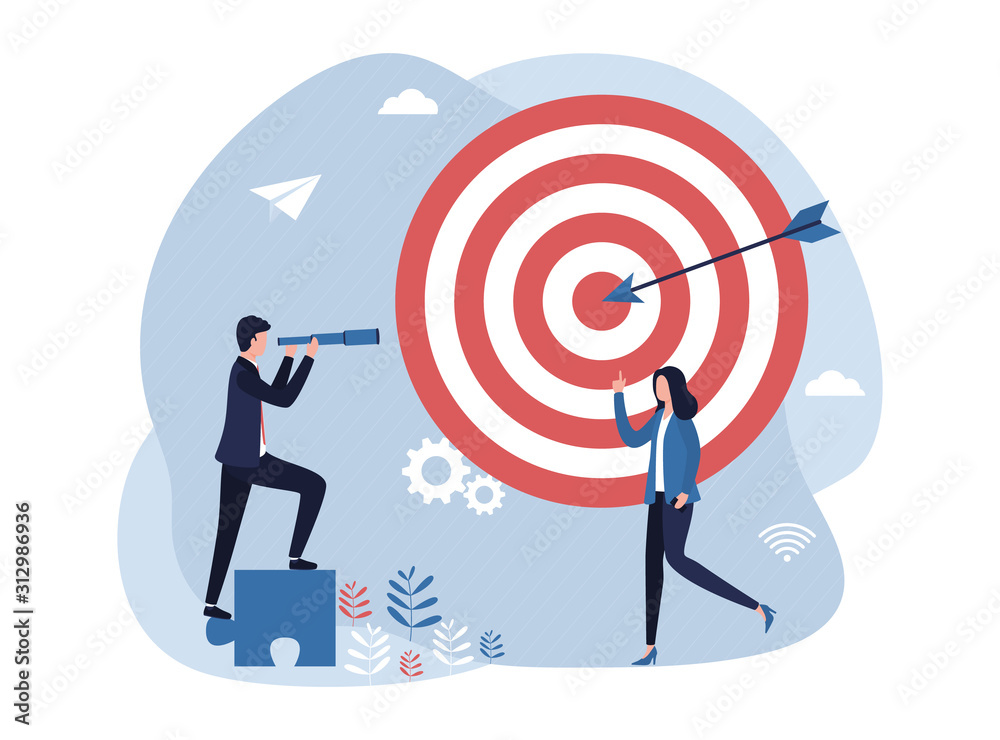 Concept business goal setting and achievement. A man with a spyglass looks into the distance, a woman shows a goal, strategy, work, aspiration. Flat vector illustration isolated on white background. Concept business goal setting and achievement. A man with a spyglass looks into the distance, a woman shows a goal, strategy, work, aspiration. Flat vector illustration isolated on white background.
