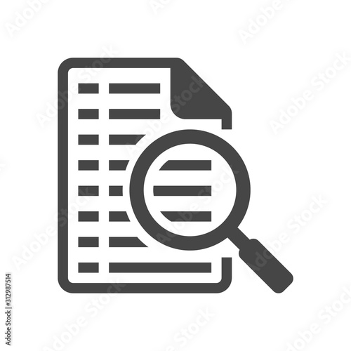 File search icon. Document page with magnifier tool symbol isolated on white background. Vector illustration.