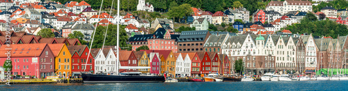 Panoramic of the multi coloured facades of buildings in Bryggen, Bergen, Hordaland County, Western Fjords region photo