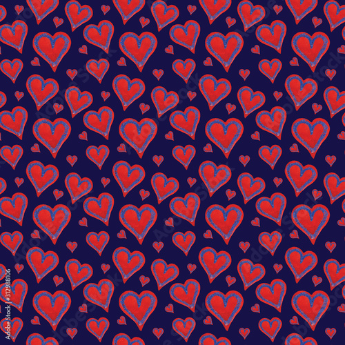 Wallpaper Mural Seamless pattern with bright hearts on a dark blue background. Red and blue watercolor and crayons textured hearts. Perfect for Valentine's Day, greeting cards, posters, textiles, paper Torontodigital.ca