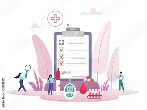 Tiny people, magnifier, test tubes, blood glucose meter, blood, doctors, syringe. Type 2 diabetes and insulin production concept vector. Cartoon flat style.
